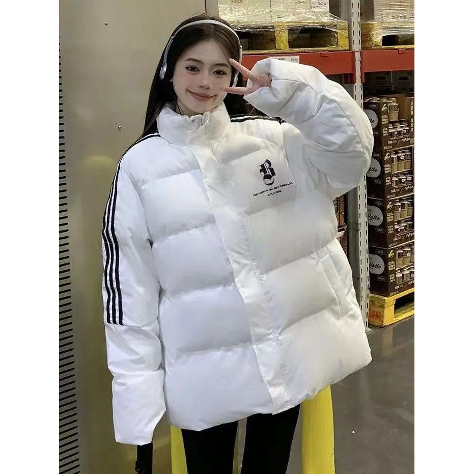 Lazy temperament striped three bars white cotton-padded jacket winter new cold-proof warm cotton-padded jacket