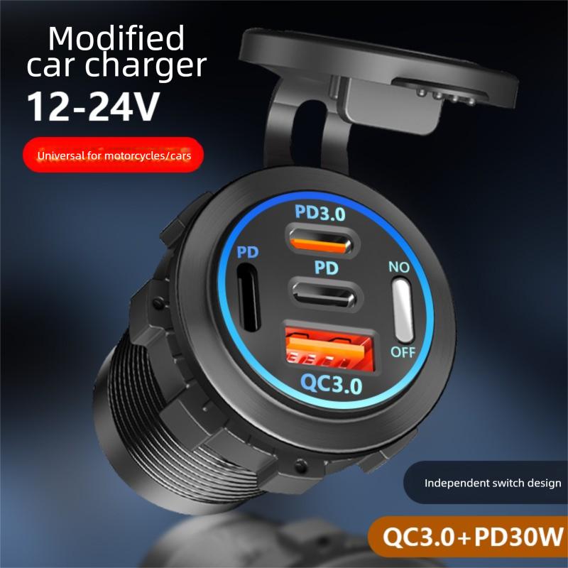 PD+QC3.0 Fast Charging USB Car Charger Socket with Voltmeter, Aluminum Alloy Waterproof Power Outlet