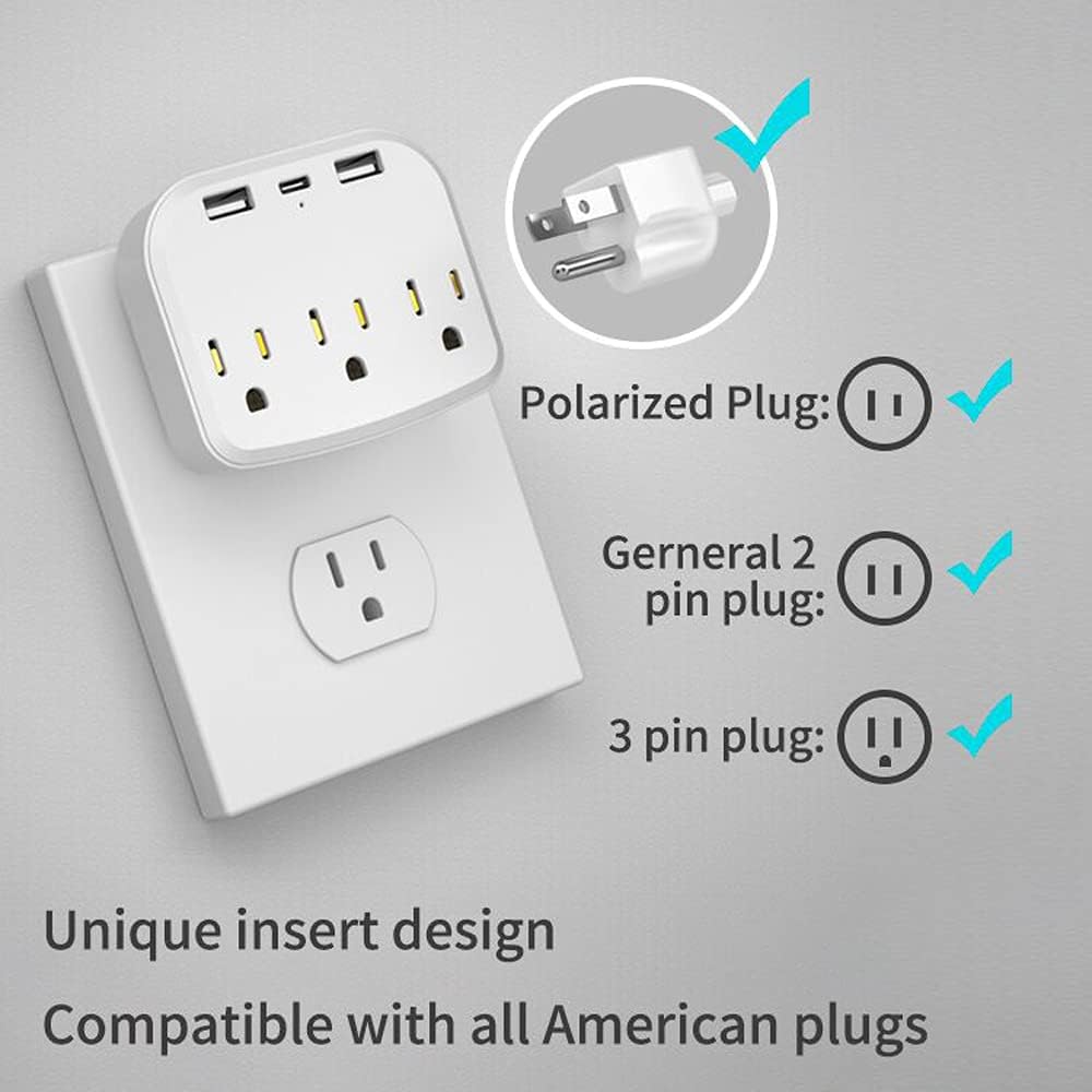 Outlet Extender, Multi Plug Outlet Splitter with USB C Ports, USB Wall Charger for Home Office Accessories, Dorm Room Essentials