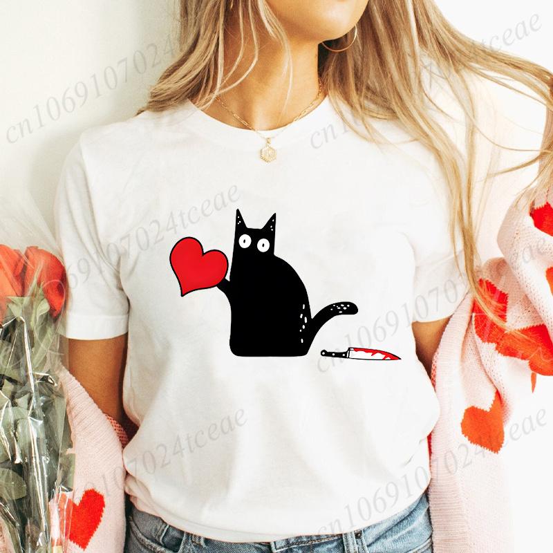 Футболка «Черный кот с ножом», Футболки для влюбленных, Парные футболки, Лучшие парные футболки, Футболка для влюбленных, Наряды с черным котом и сердечками