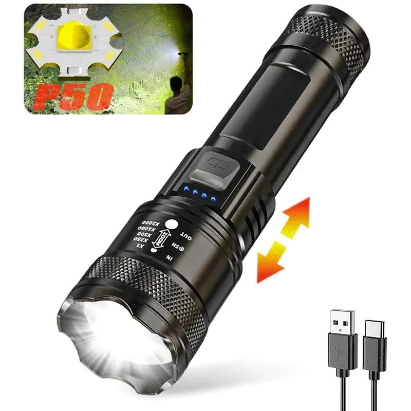 Super Bright P70 LED Flashlights USB Rechargeable Flashlight with Tail COB Floodlight Outdoor Emergency Fishing Power Bank Torch