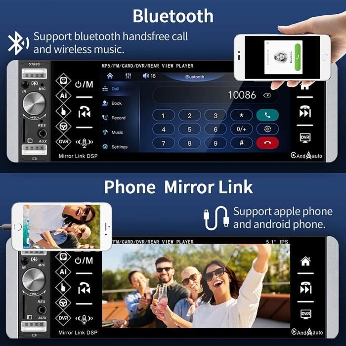 Podofo 1 Din Autoradio avec Carplay Android Auto Écran Tactile 5" Radio FM Bluetooth Commande Vocale Double USB AUX SD TF Din [107]