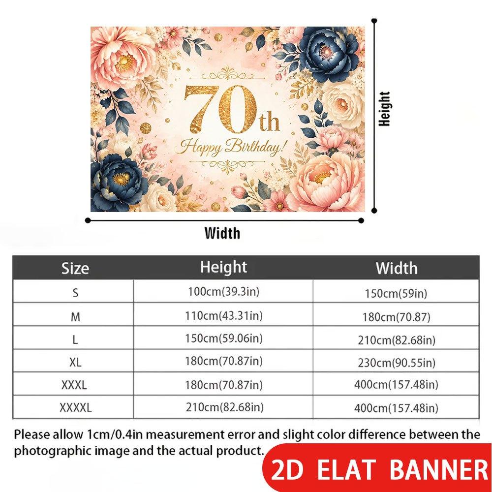 2D Flat Banner, 70th Birthday Backdrop, Soft Pink and Deep Light Peony Flowers, Polyester