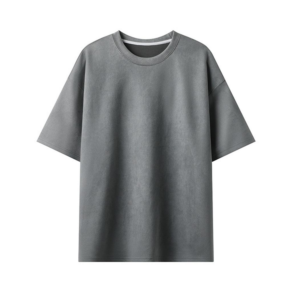 Men's Summer Trend Solid Color Suede Loose Round Neck Pullover Short-sleeved T-shirt