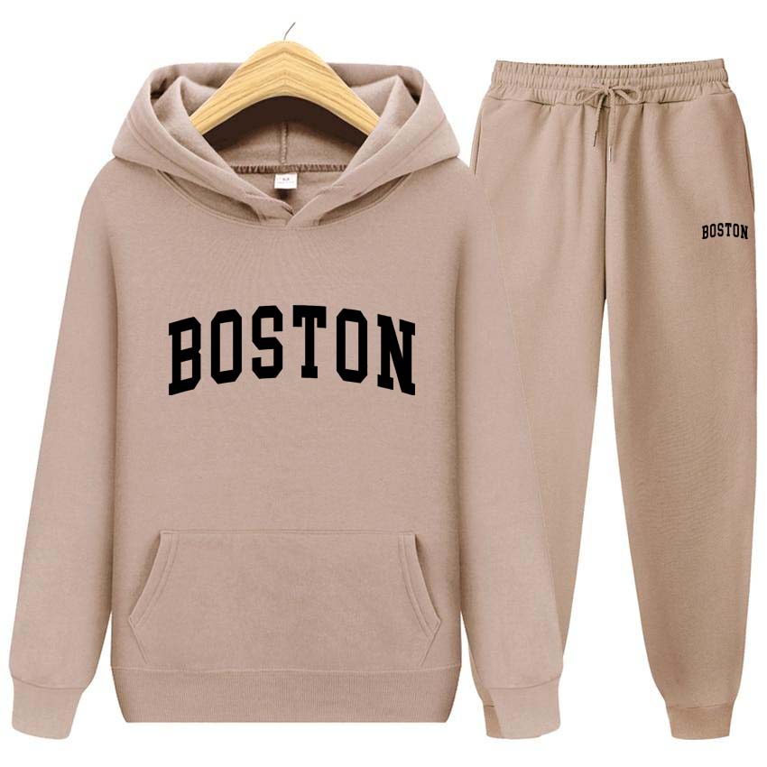 Спортивный костюм BOSTON с принтом, комплект из 2 предметов, толстовка с длинными рукавами, брюки для бега, лоскутный костюм для фитнеса, пуловер с капюшоном, толстовка