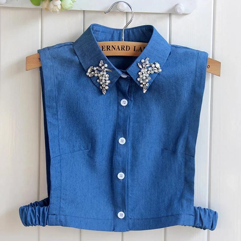 Fashion Denim Blue Women Fake Collar Shirt Detachable Collar Female False Collar Solid Shirt Lapel Blouse Top Men Women