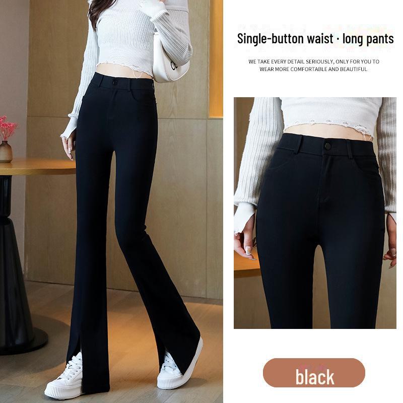 High-Waist Black Plush Flared Pants for Women - Slim-Fitting, Elastic, Avocado Color, Ideal for Autumn/Winter.