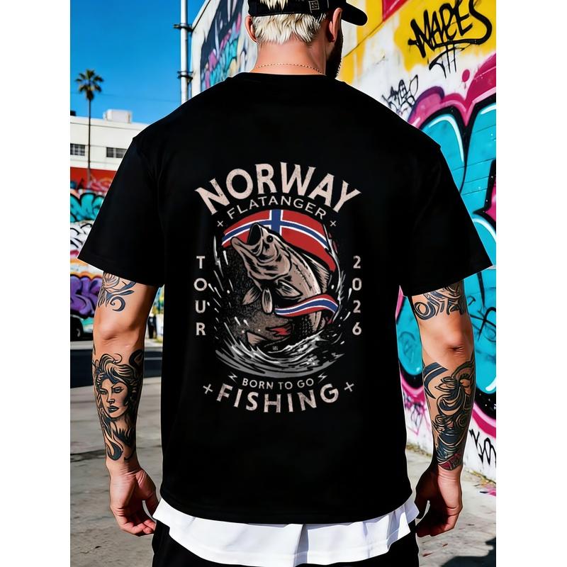 Black T Shirt Norway Flatanger Tour 2026 Fishing Graphic Print for Outdoor Activities And Travel