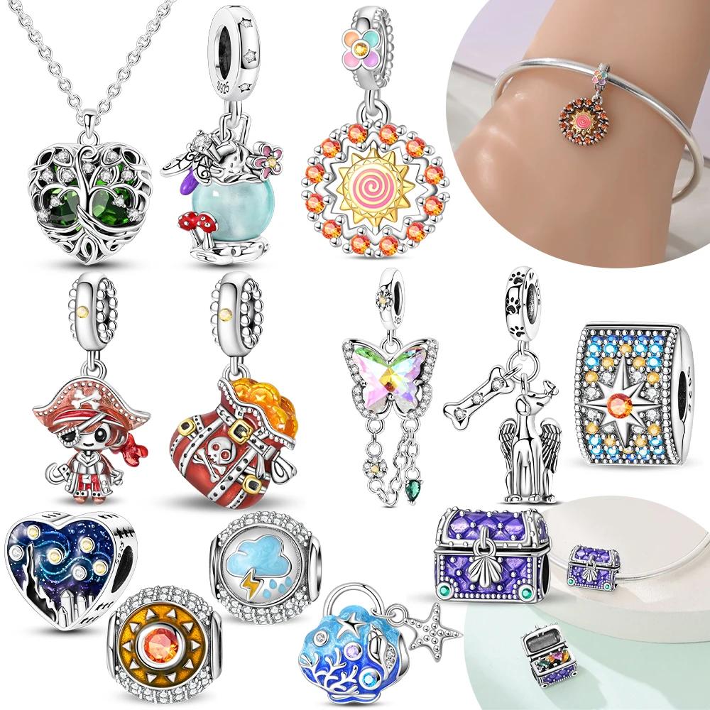 925 Silver Purple Box Gift Jewelry Pirate Heart Romantic Sun Pendant Beads Fit Bracelet Jewelry Diy Girl Gift Accessory