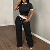 Women's Summer 2 Piece Outfit Round Neck Short Sleeve Crop Top Drawstring Wide Leg Pants Set Casual Tracksuit Lounge Set