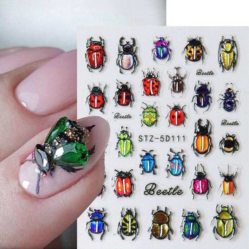 1 лист Y2K выгравированные летние маникюрные наклейки на ногти насекомые божья коровка цветок 5D самоклеящиеся украшения для ногтей