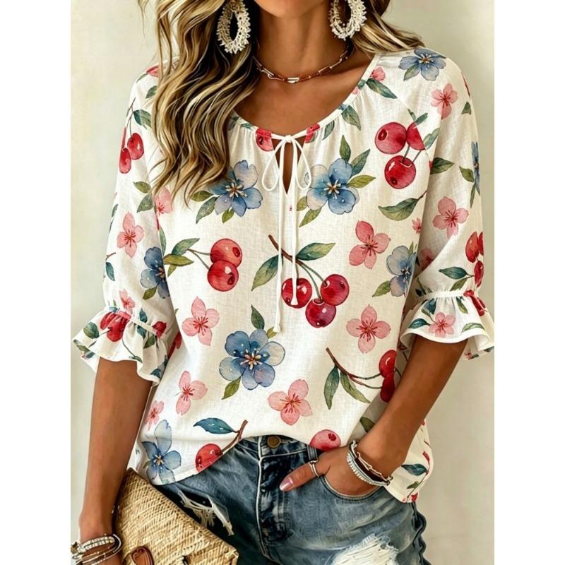 Women's Light Grey Purple Iris Palm Leaf Floral Print Tie V Neck Ruffle 3/4 Sleeve Elegant Soft Spring Blouse