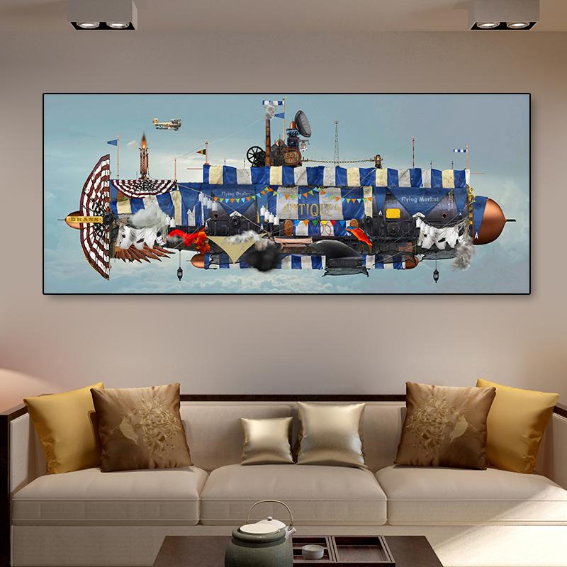 Ретро дирижабль в стиле стимпанк, атомпанк, дизельпанк, фэнтези, холст, картина, настенное искусство, винтажные постеры с космическим кораблем для декора гостиной