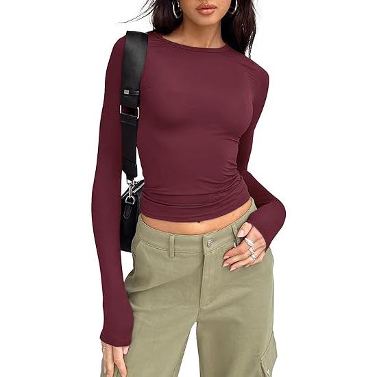Cross-Border Women's European & American Fashion Autumn Round Neck Long Sleeve Slim Fit Crop Top