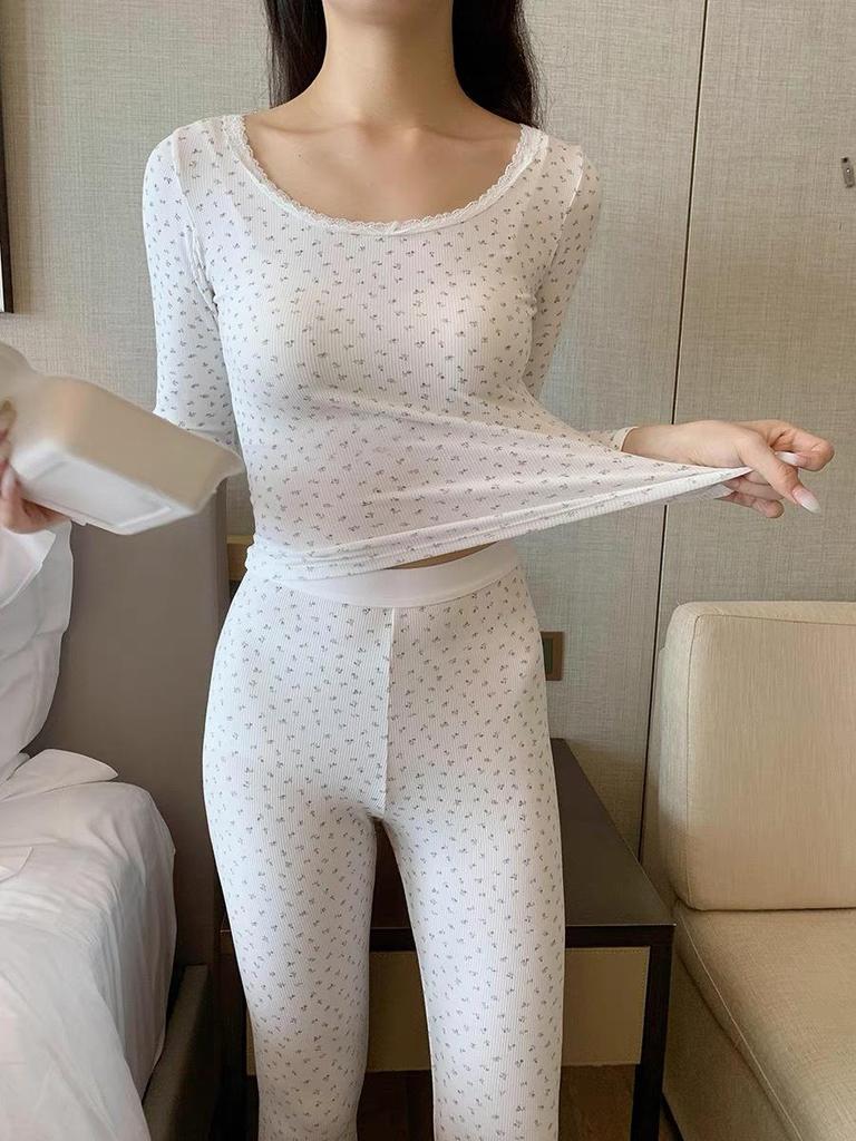 Комплект термобелья из хлопкового кружева с бантом и круглым вырезом с цветочным принтом на осень