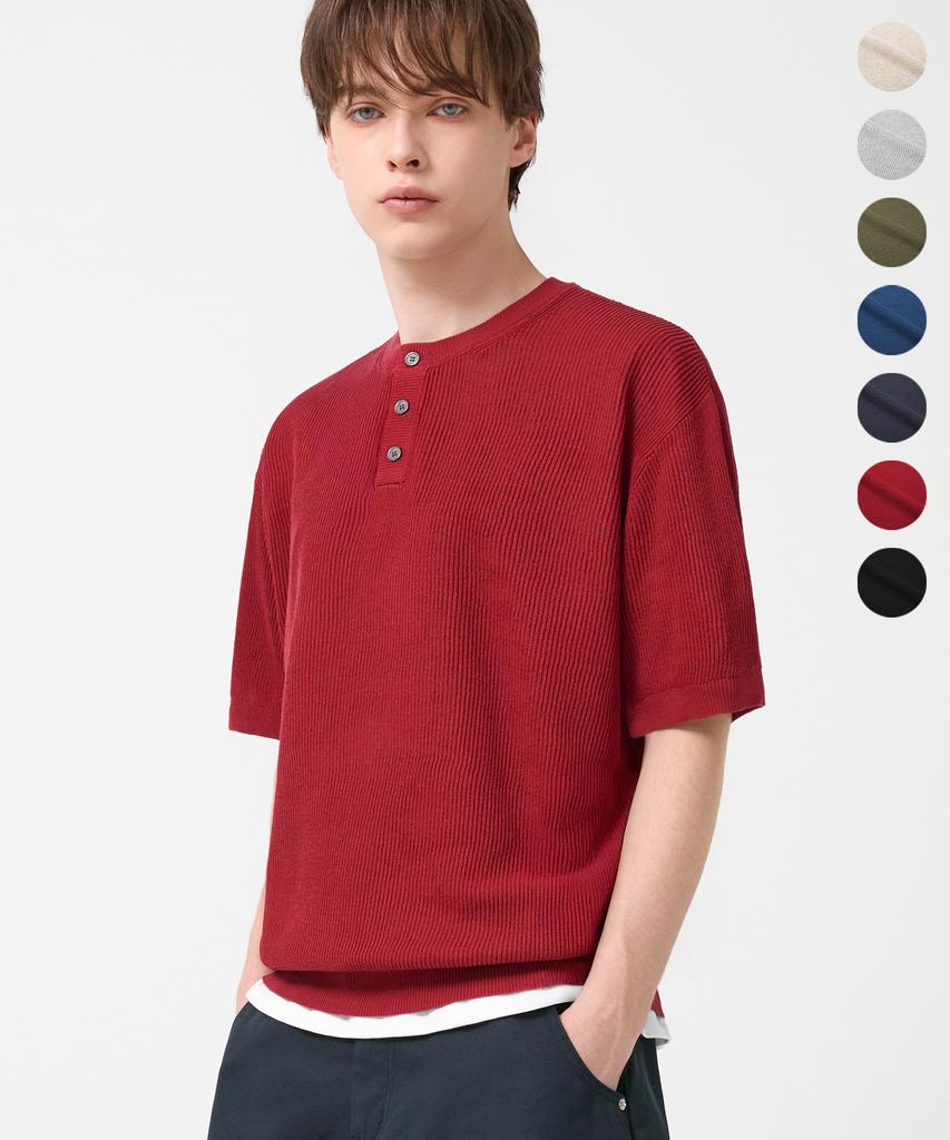 TRILLION Washable Linen Crop Henley Neck Short Sleeve Knit_7Color (C Type)