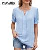 Women's Spring/summer Solid Color V-neck Loose Puffed Sleeve Jacquard T-shirt Top