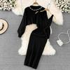 Women Autumn Winter O Neck Beaded High Waist Short Open Bellybutton Sweater Two Piece Knitted Tank Top Dress