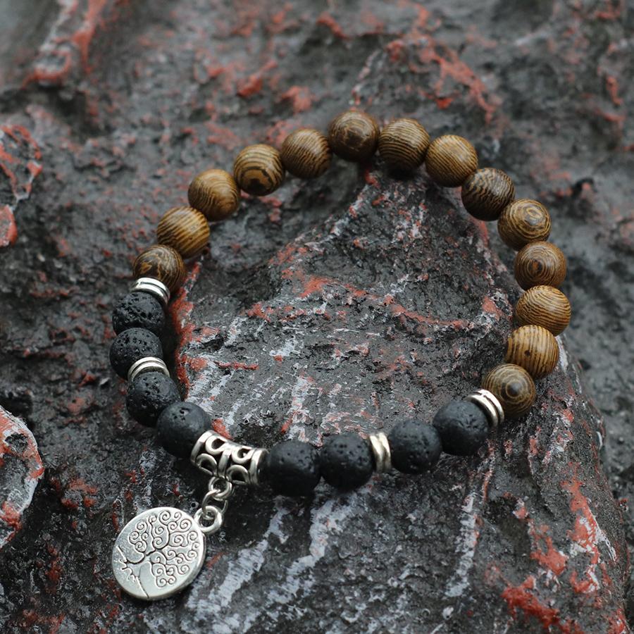 8mm Handmade Natural Stone and Wood Bracelet Lava Stone Men Brazelet Ethnic Style Tree of Life Turquoise Braslet Yoga Jewelry