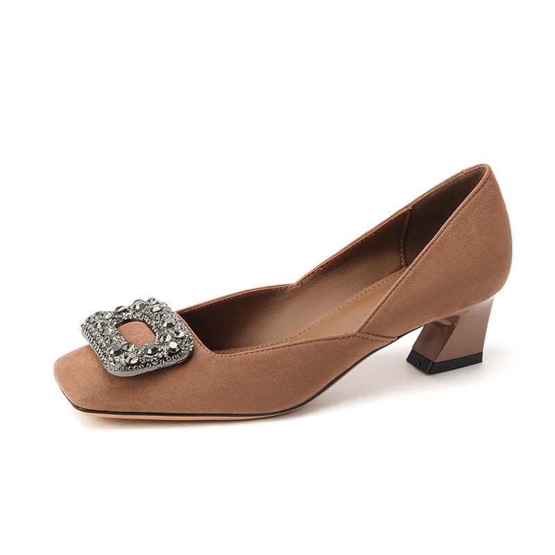 8-Square Head Thick Heel High Heels Women's Rhinestone Square Buckle Single Shoes Women's Temperament Suede Middle Heel Single Shoes Women