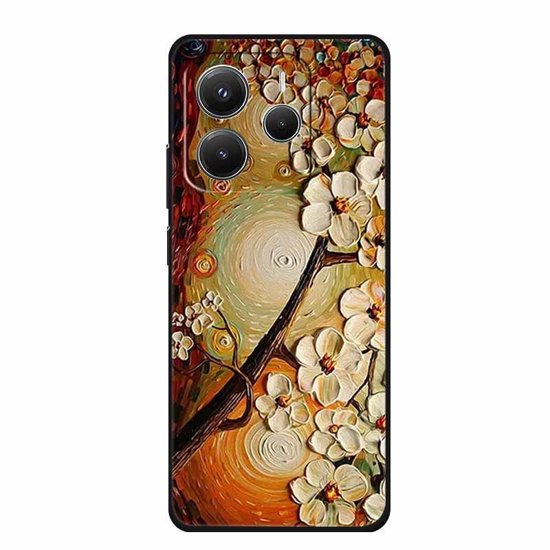 3D Emboss Case For Xiaomi Redmi Note 14 Phone Case Flowers Black Silicone Soft Back Cover Coque For Redmi Note 14 5G Global Case