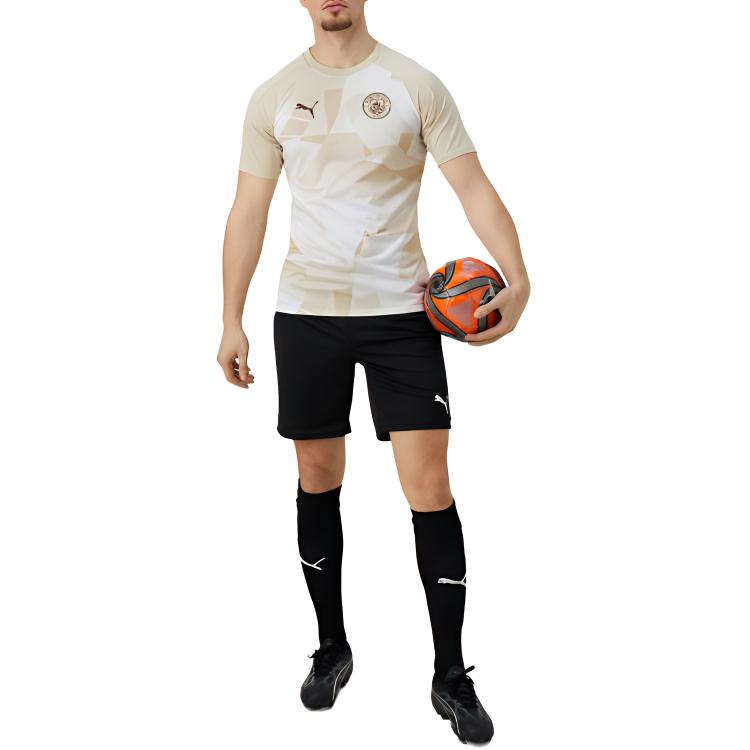 Puma Футболка Mcfc Prematch Color Block Casual с круглым вырезом и коротким рукавом, мужская, бежевая, 774370-03
