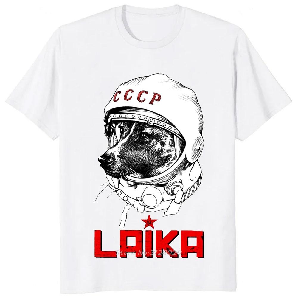 Laika USSR Funny Cartoon Dog T Shirt Hip Hop Harajuku Style Printed Men Clothing Tees Streetwear Hipster Loose Soft Tees Tshirt