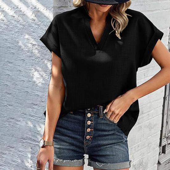 Women Summer Casual Shirt V-Neck Short Sleeve Loose Fit Pullover Tops Office Lady Simple Blouse Workwear