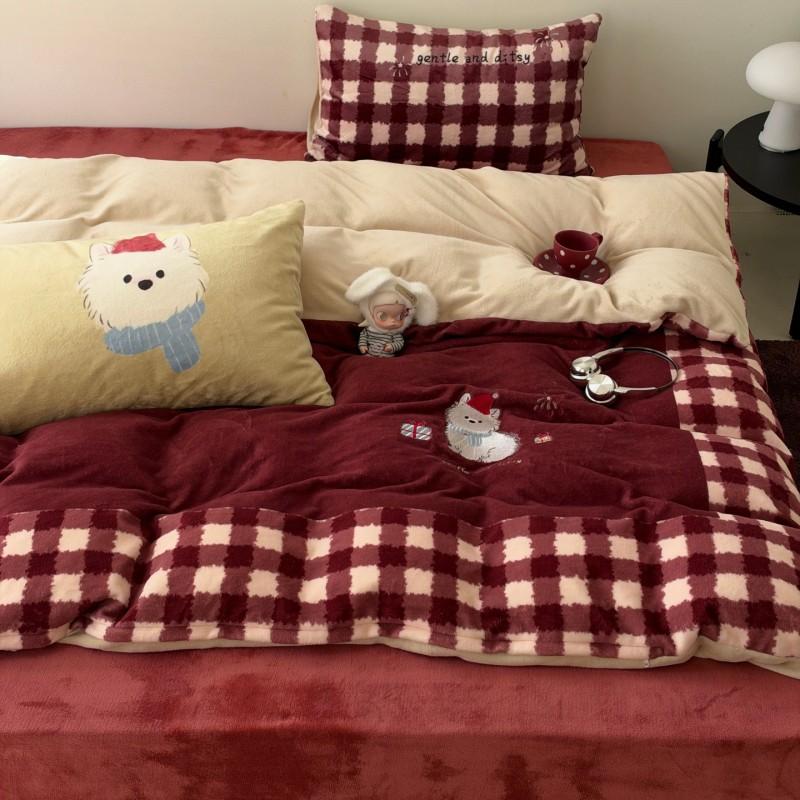 Ins Style Winter Milk Fleece Cute Cartoon Bedding Set Warm Soft Bed Sheet Duvet Cover