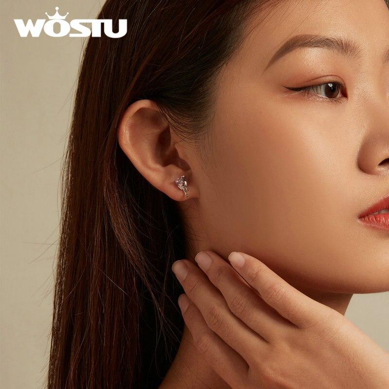 WOSTU Стерлингового серебра 925 пробы, ослепительные розовые циркониевые серьги в форме сердца и ожерелье с подвеской для женщин, комплект ювелирных украшений, свадебный подарок