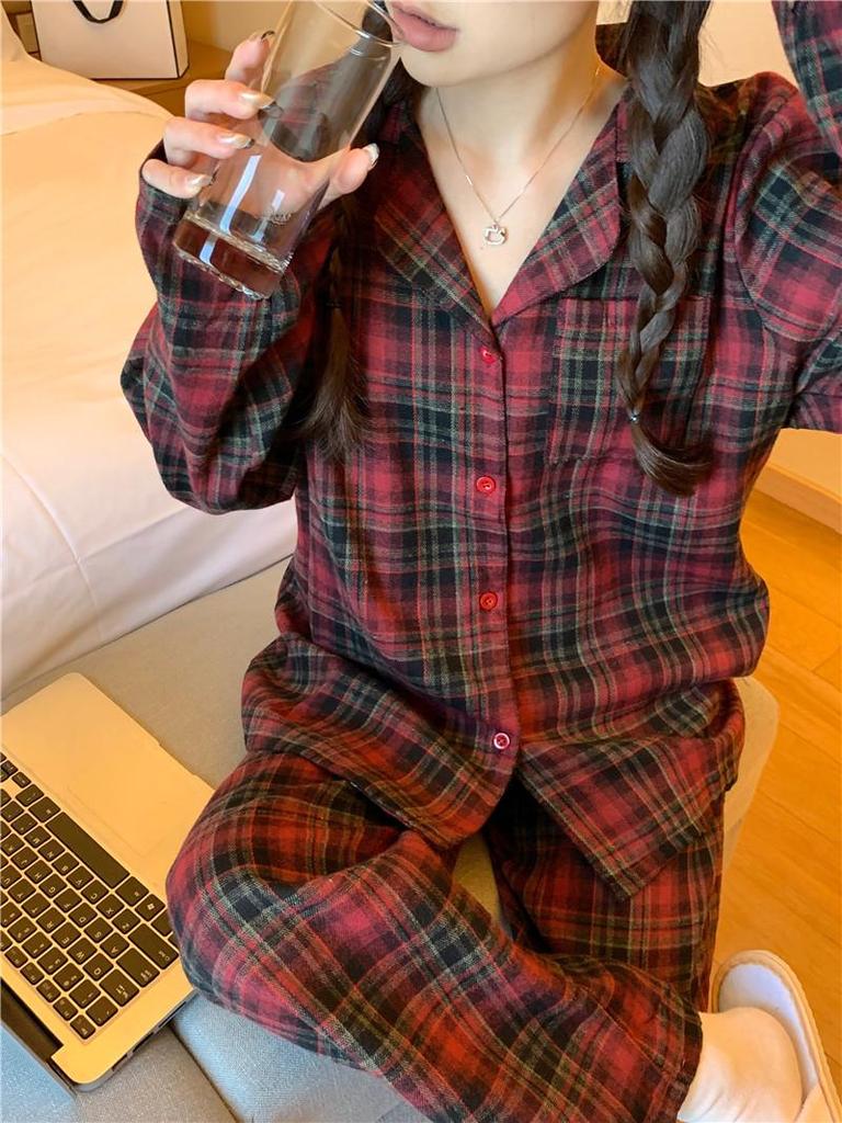 Пижамный комплект в красную клетку в корейском стиле: Удобная, Повседневная Домашняя Одежда для Пар