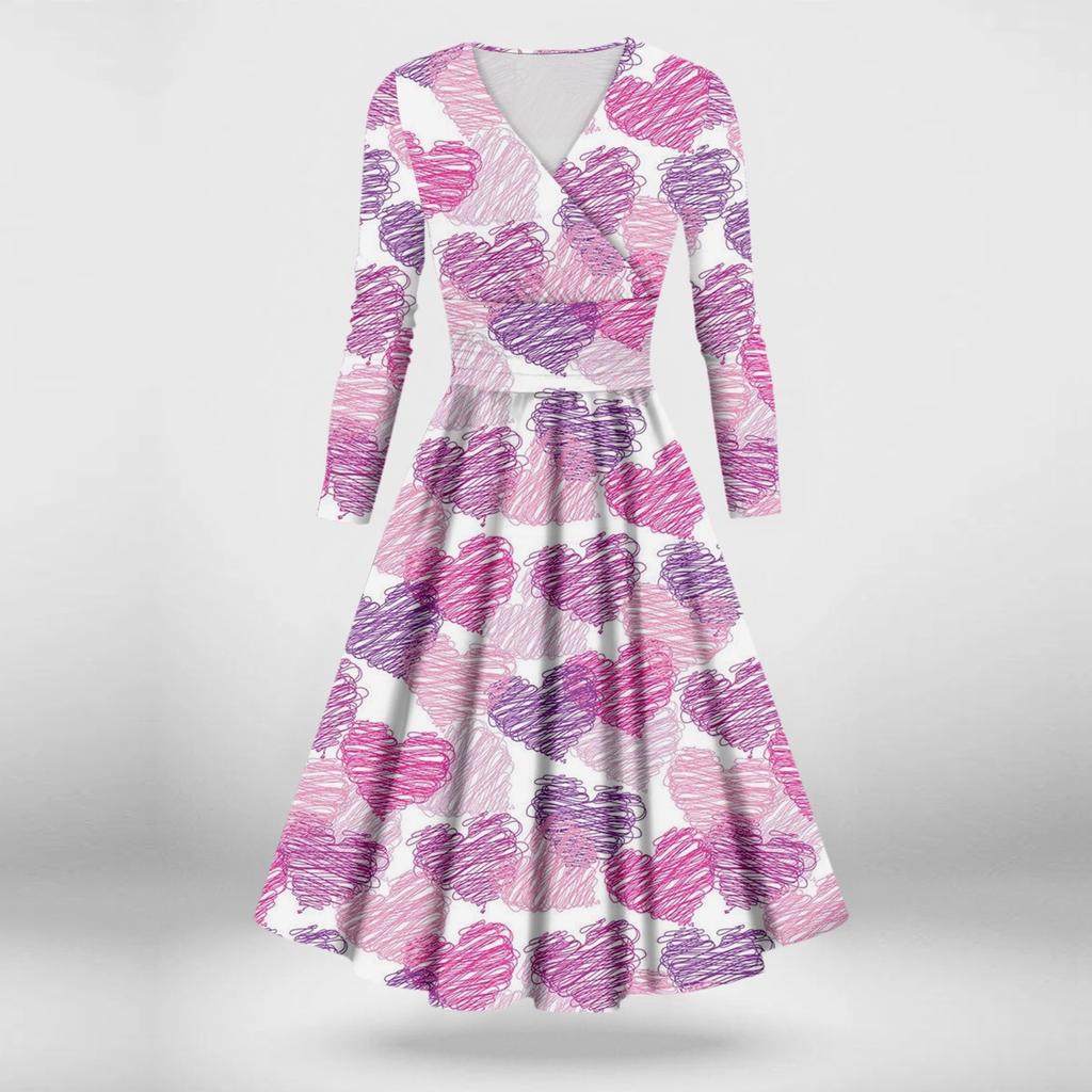 Женская мода повседневное сексуальное платье с длинным рукавом и v-образным вырезом с принтом ко Дню святого Валентина