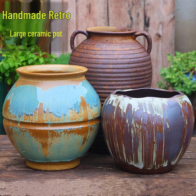 Retro Handmade Large Ceramic Flower Pot for Succulents and Green Plants, Ideal for Home and Landscaping Use