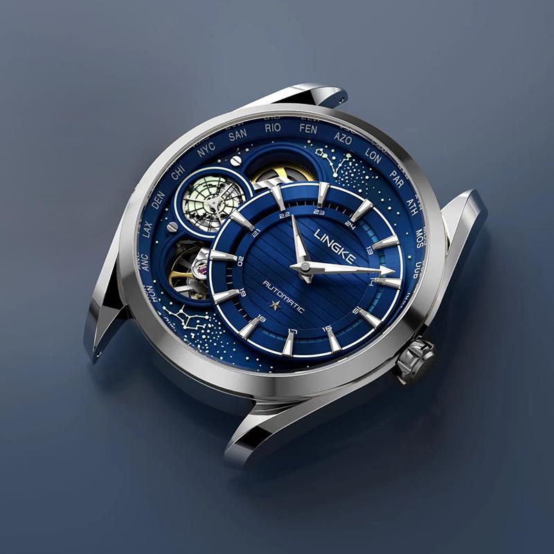 Men Automatic Mechanical Watch Blue Starry Sky Hollow Dial Stainless Steel Band Quartz Wristwatch Dual Movement Design