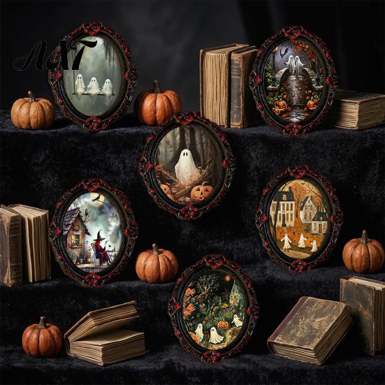 Halloween Refrigerator Magnets Wooden Magnets, Vintage Gothic Oval Frame Fridge with Witch Niche Holiday Souvenir Gifts Ghost Castle Art, Waterproof