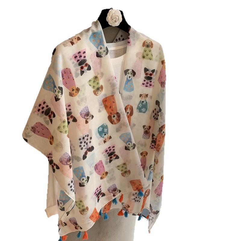 Cute Cartoon Dog Cotton And Linen Scarf Female Niche Design Versatile Personality Display Sun Protection Warm Shawl Spring And Autumn