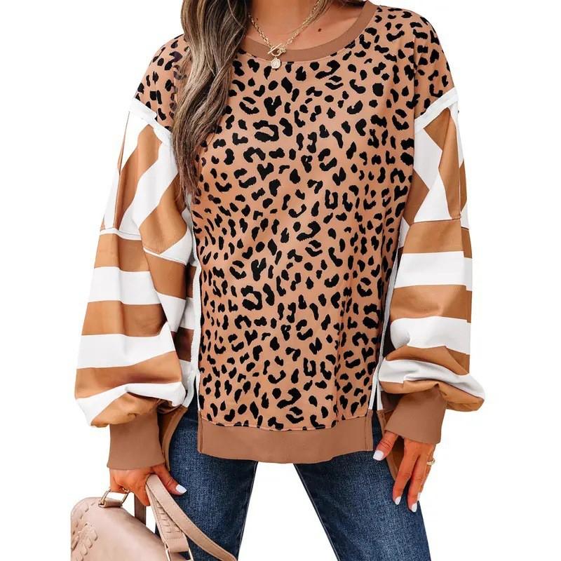 Womens Casual Oversized Round Neck Sweatshirt With Leopard Print Patchwork Stripe Design 2026
