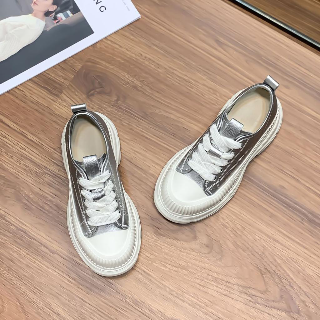 2025 Autumn New Muffin Thick-soled Heightening Casual Canvas Shoes Women's Sports Little White Shoes Board Shoes Campus Wind Front Lace-up