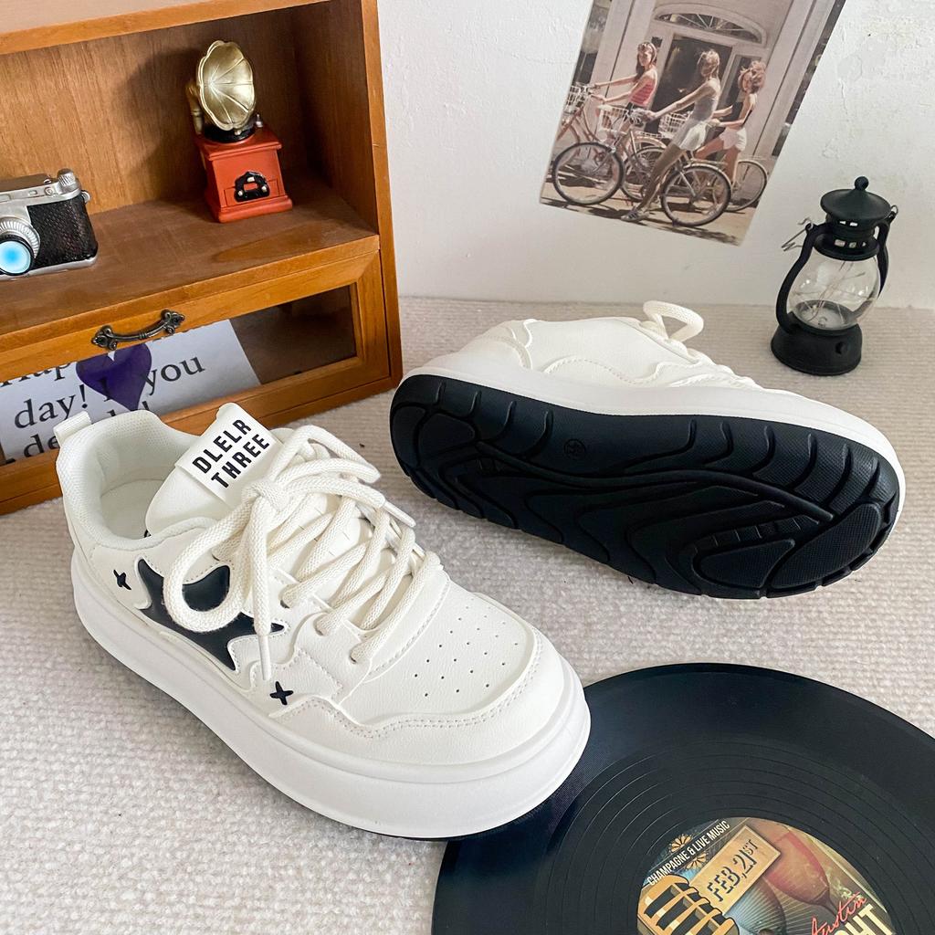 B1102 Latex Insole/star Platform White Shoes Women's 2024 New Niche Cute Round Head Heightening Board Shoes