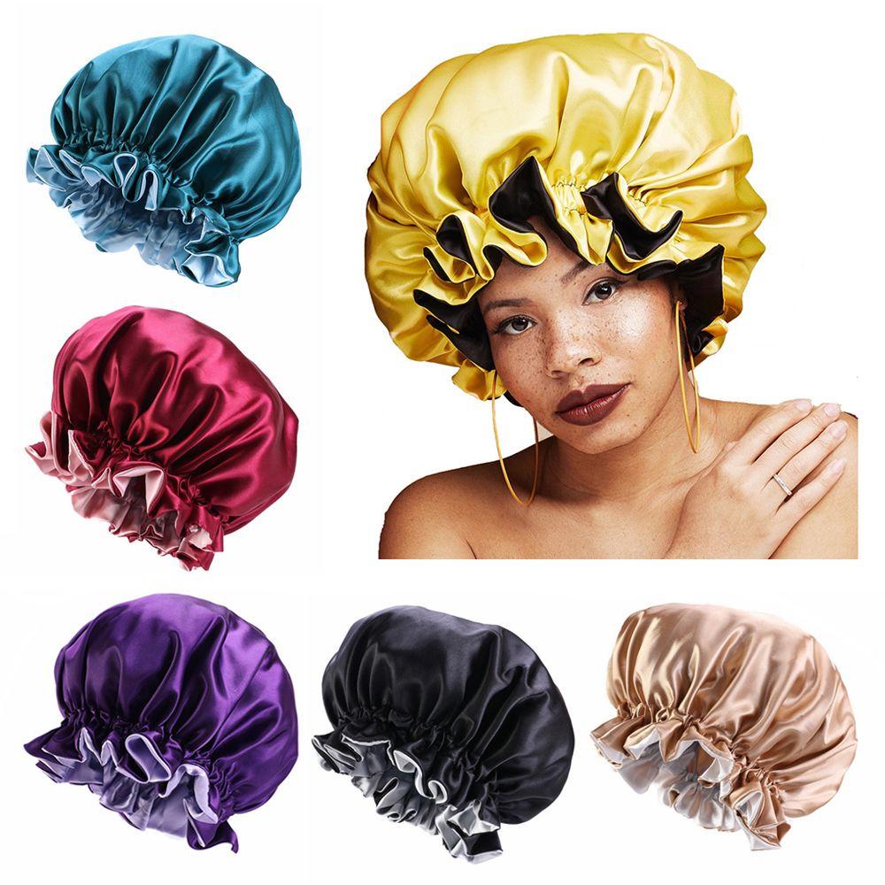 Elastic Band Double-layered Night Sleep Cap Satin Bonnet Hair Loss Beanies Hair Care Head Cover