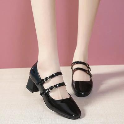 Туфли-лодочки на высоком каблуке с квадратным носком, квадратный каблук 2024, женские туфли с пряжкой на ремне, осенние однотонные классические туфли-лодочки