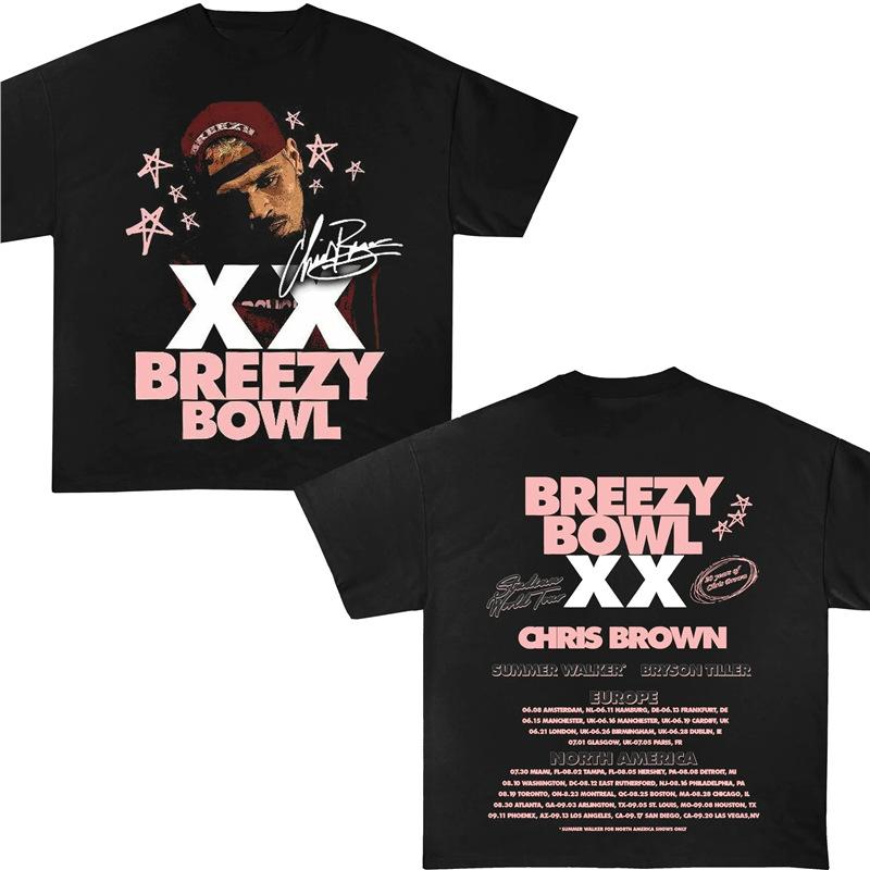 Хип-хоп Крис Браун Breezy Bowl XX Концертный Тур Хлопковая Футболка Винтажная С Коротким Рукавом Круглый Вырез Принт Повседневный Стиль для Женщин Мужчин
