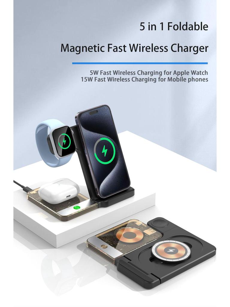 3-in-1 Foldable Wireless Charger Stand for Phone, Watch, and Earbuds