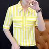 New Summer Men's Short-sleeved Shirt Hairstylist Striped Semi-zipper Youth Trendy Handsome Five-point Shirt