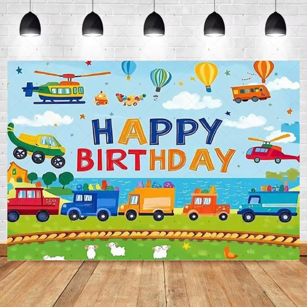 Cartoon Train Theme Birthday Party Decoration Number Balloons Cake Topper Transportation Vehicles Backdrop Banner Party Supplies