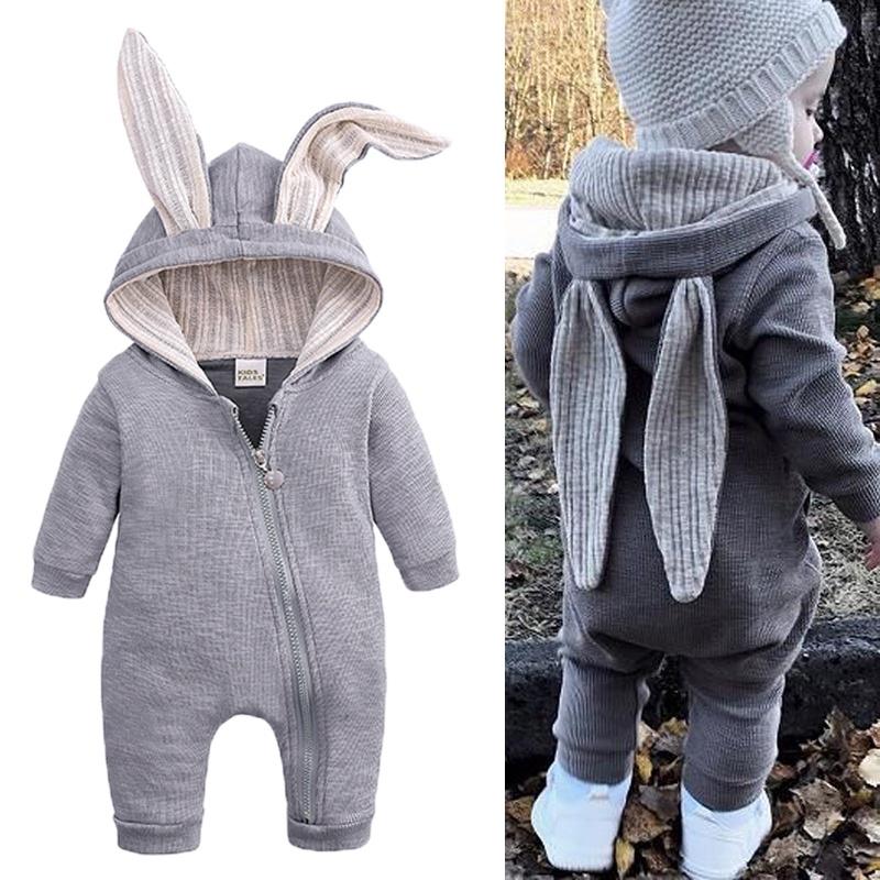 Унисекс для маленьких детей, милый комбинезон с кроличьими ушками, однотонный теплый комбинезон на молнии с длинными рукавами для мальчиков и девочек