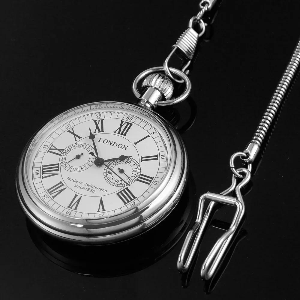London Double Subdial Hand-Wound Chain Mechanical Pocket Watch Men's Roman Silver Necklace Pendant Clock Gift Vintage Accessory