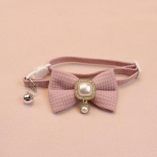New Pet Collar with Bowknot, Cute and Vintage Waffle Texture, Pearl Pendant, Adjustable Size