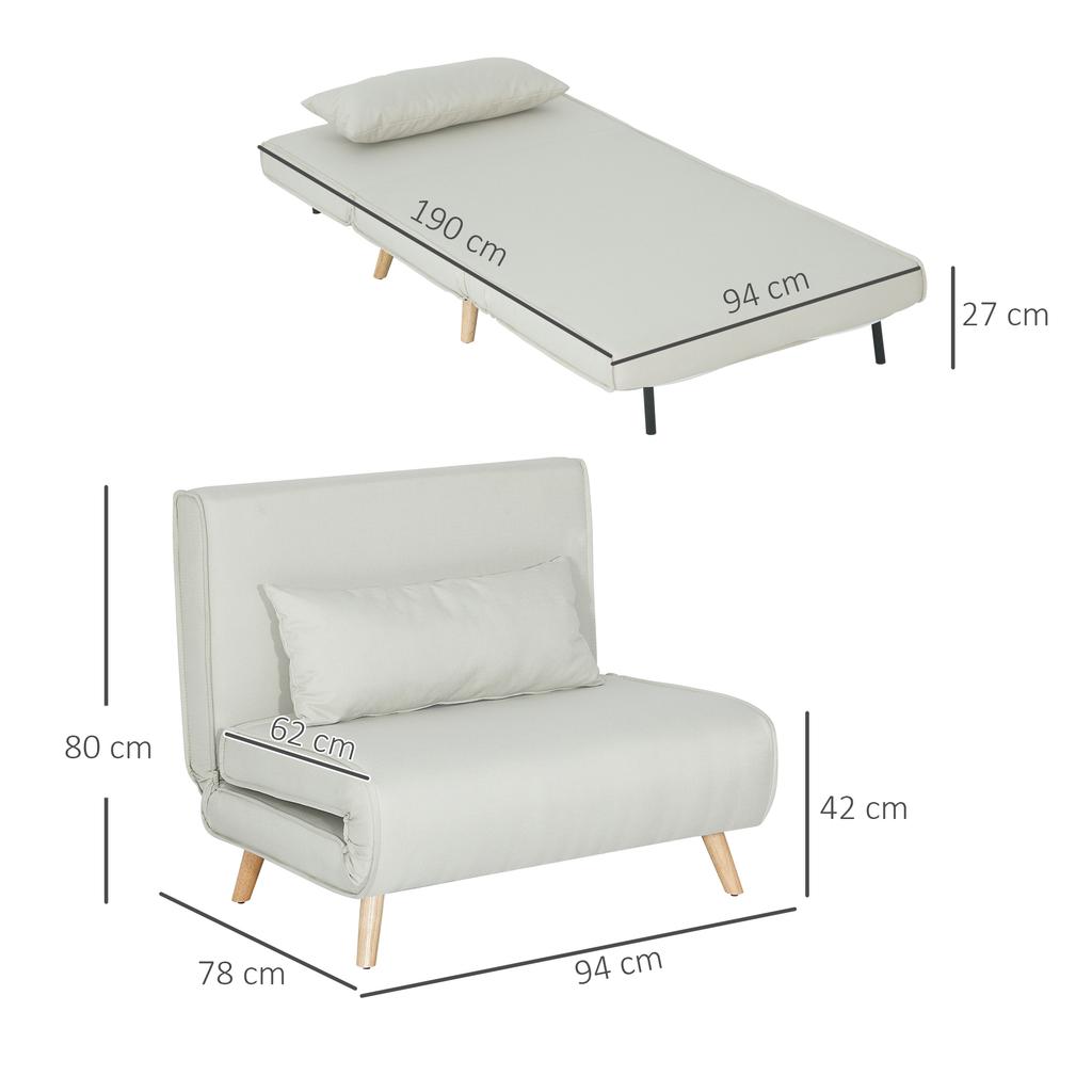 Single Sofa Bed Adjustable Backrest Lounger Nordic Scandinavian 25D Foam Home Linen-Imitation Rubberwood Cream White 94 x 78 x 80 cm