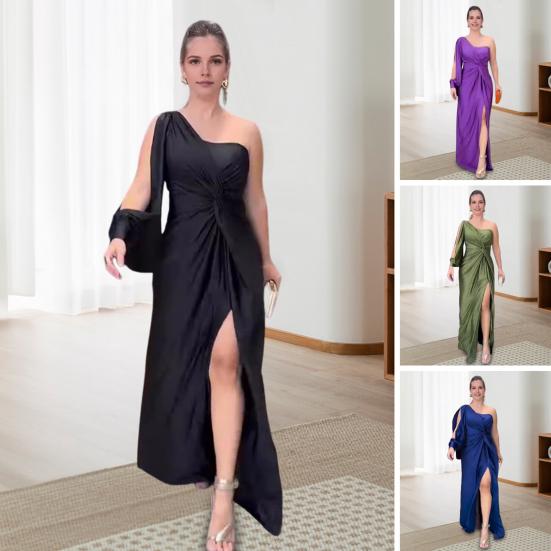 Lady Evening Dress One Shoulder Single Open Sleeve Split Hem Solid Color Slim Waist Pleated Knot Decor Solid Color Prom